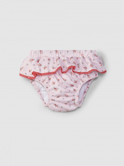 Culotte de bain de plage type barboteuse fleurs et détail en crochet Culotte de bain de plage type barboteuse fleurs et détail en crochet