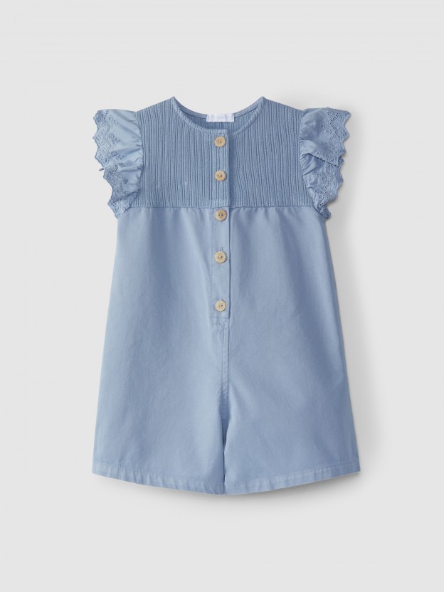 Short-salopette en maille jacquard et broderie anglaise Short-salopette en maille jacquard et broderie anglaise