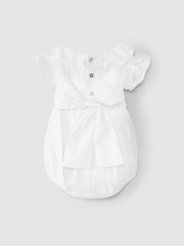 Shortie in embroidered fabric with sash Shortie in embroidered fabric with sash