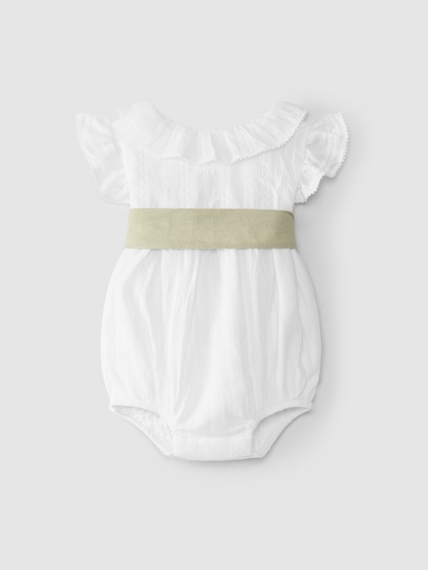 Shortie in embroidered fabric with sash Shortie in embroidered fabric with sash