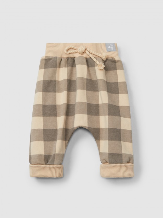 Pantalón pull-up cuadros y cordón decorativo Pantalón pull-up cuadros y cordón decorativo