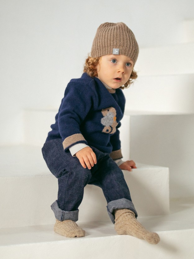 Calças pull-up em denim de algodão orgânico Calças pull-up em denim de algodão orgânico