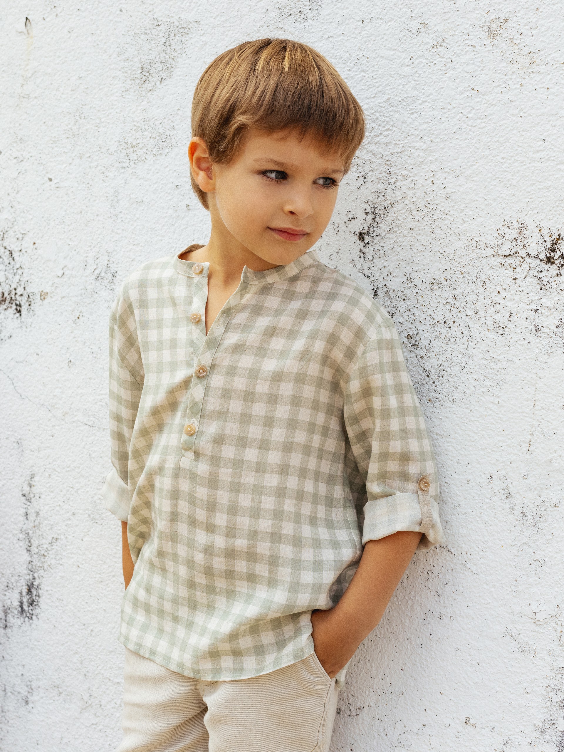 Camisa a cuadros cuello mao