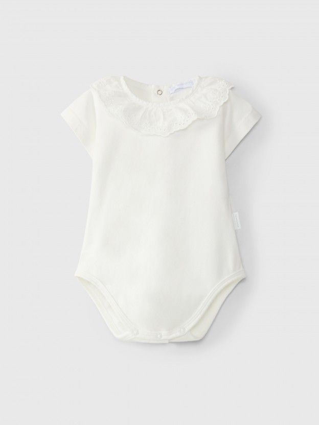 Bodysuit short sleeve English embroidery collar