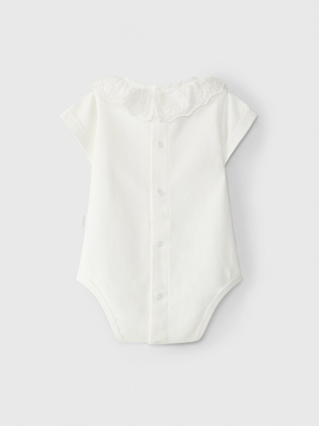 Bodysuit short sleeve English embroidery collar