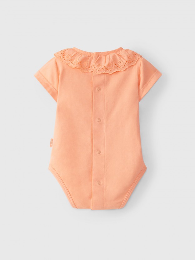 Bodysuit short sleeve English embroidery collar