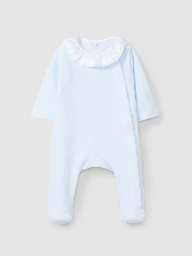 Babygrow velours à col à volant avec broderie Babygrow velours à col à volant avec broderie