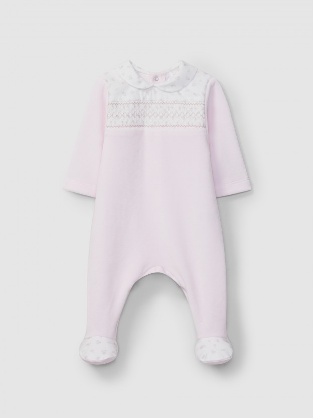 Babygrow in velvet with smocking Babygrow in velvet with smocking