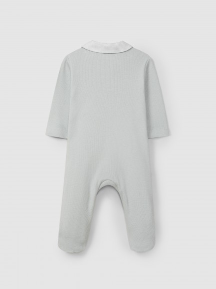 Ribbed jersey babygrow with printed round collar Ribbed jersey babygrow with printed round collar