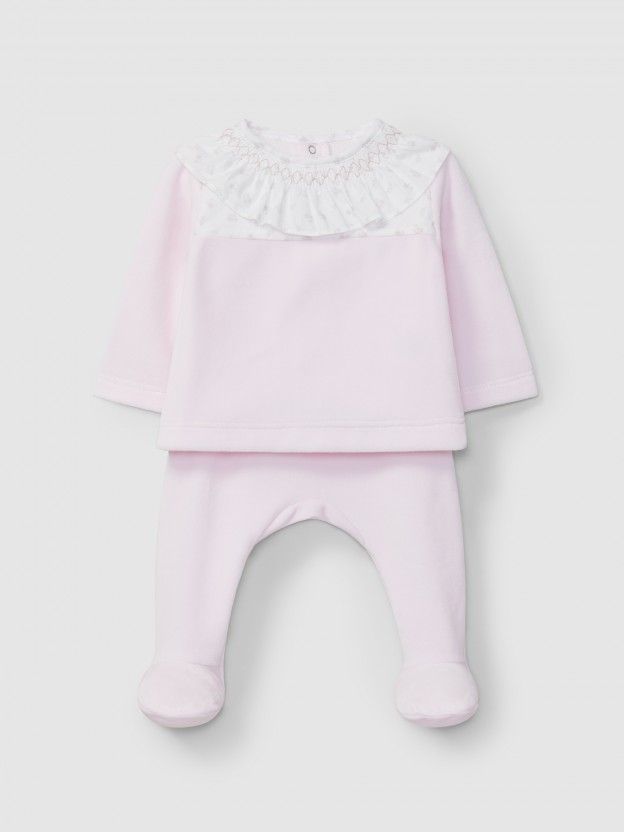 Two-piece set floral ruffled collar with smocking Two-piece set floral ruffled collar with smocking