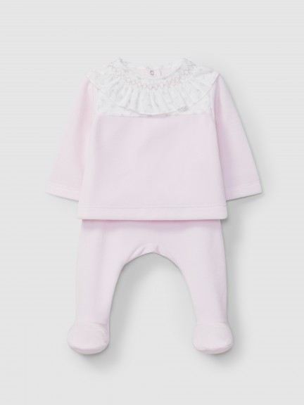 Two-piece set floral ruffled collar with smocking Two-piece set floral ruffled collar with smocking