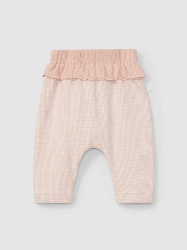 Pantalon pull-up en maille jacquard à pied-de-poule avec détail de volant Pantalon pull-up en maille jacquard à pied-de-poule avec détail de volant