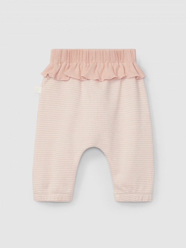 Pantalon pull-up en maille jacquard à pied-de-poule avec détail de volant Pantalon pull-up en maille jacquard à pied-de-poule avec détail de volant