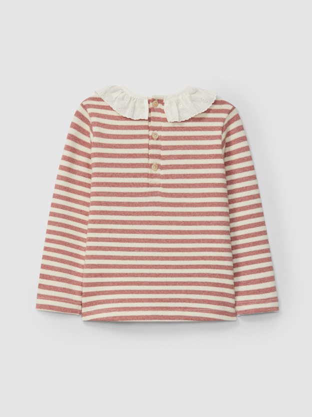 Manga larga en punto jersey a rayas con cuello bordado ingl�s