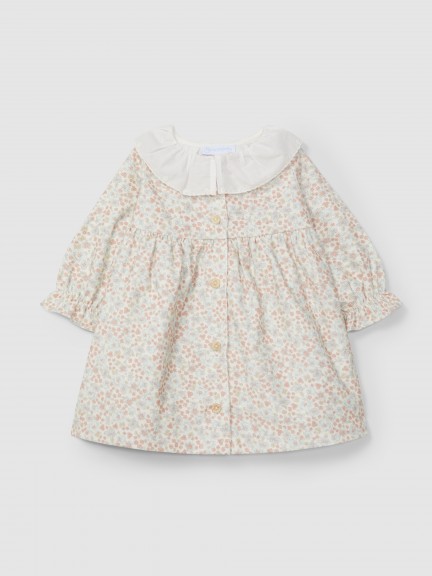Vestido de pana floral y cuello bordado Vestido de pana floral y cuello bordado