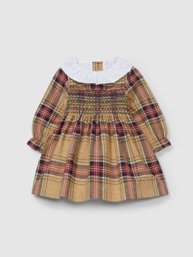 Dress in organic cotton plaid with smocking and ruffled collar Dress in organic cotton plaid with smocking and ruffled collar