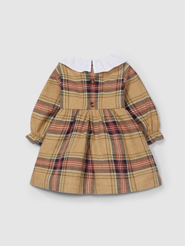 Dress in organic cotton plaid with smocking and ruffled collar Dress in organic cotton plaid with smocking and ruffled collar