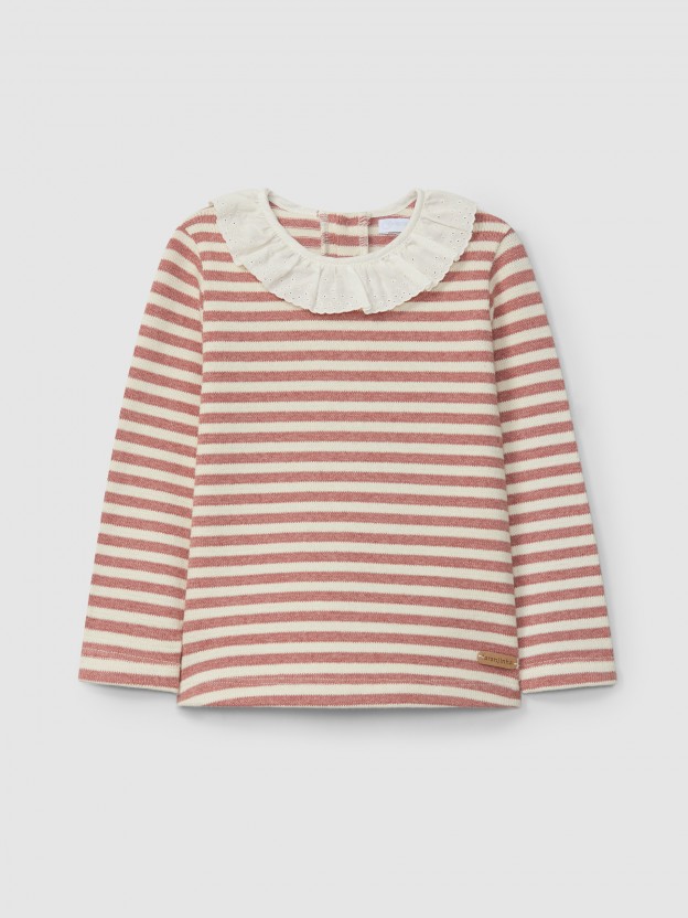 Manga larga en punto jersey a rayas con cuello bordado ingl�s