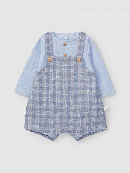 Two-in-one plaid and piqué romper Two-in-one plaid and piqué romper