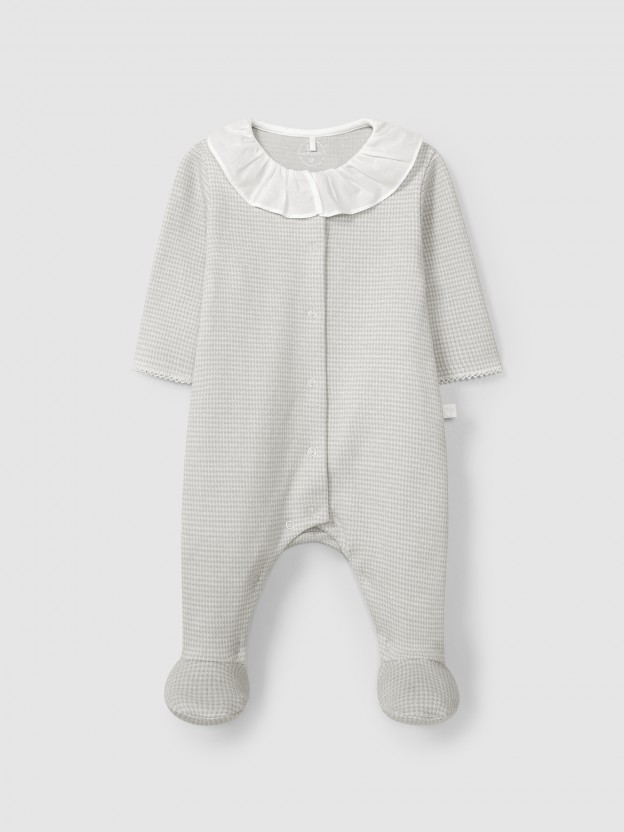 Babygrow en maille jacquard à pied-de-poule à col à volant Babygrow en maille jacquard à pied-de-poule à col à volant