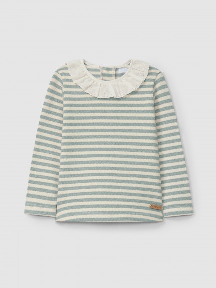 Longsleeve in striped jersey knit with collar English embroidery Longsleeve in striped jersey knit with collar English embroidery