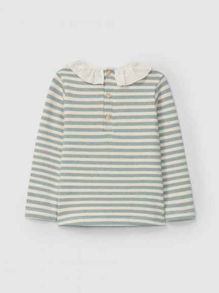 Longsleeve in striped jersey knit with collar English embroidery Longsleeve in striped jersey knit with collar English embroidery