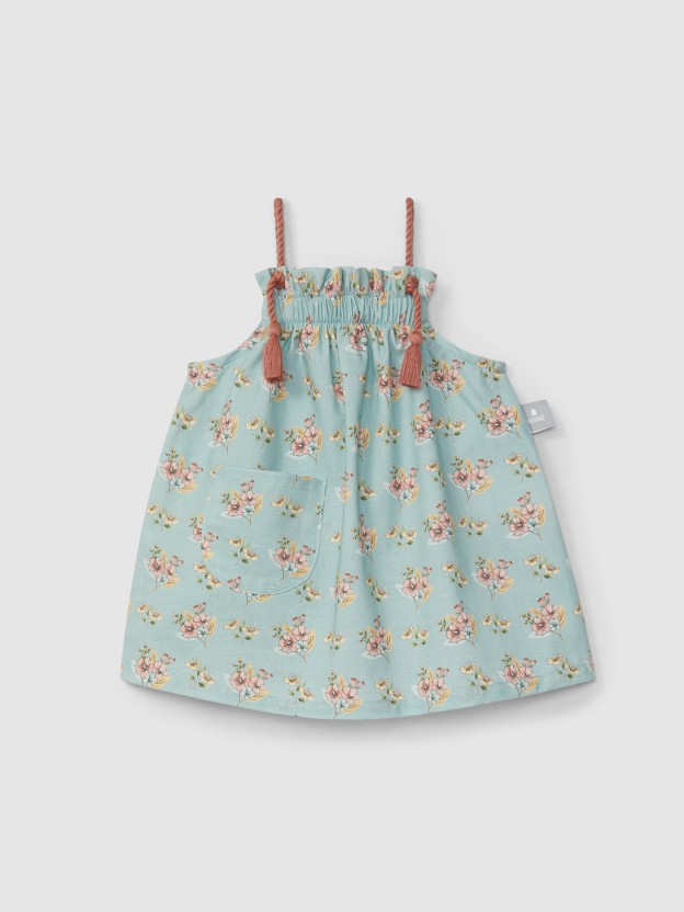 Vestido estampado floral e alças em cor contraste Vestido estampado floral e alças em cor contraste