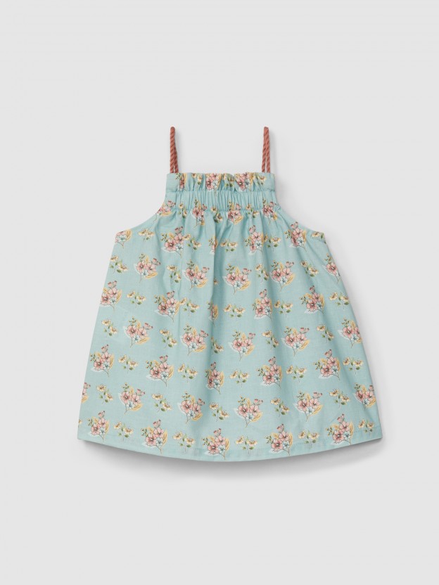 Vestido estampado floral e alças em cor contraste Vestido estampado floral e alças em cor contraste