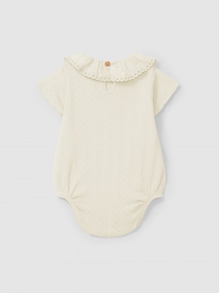 Ajour pattern bodysuit with ruffled collar English embroidery Ajour pattern bodysuit with ruffled collar English embroidery