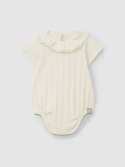 Ajour pattern bodysuit with ruffled collar English embroidery Ajour pattern bodysuit with ruffled collar English embroidery