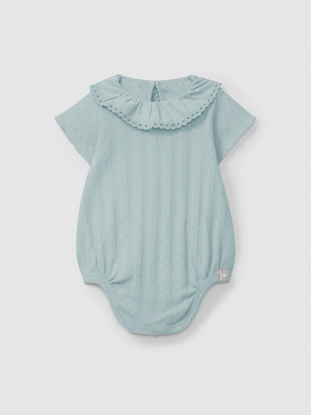 Ajour pattern bodysuit with ruffled collar English embroidery Ajour pattern bodysuit with ruffled collar English embroidery