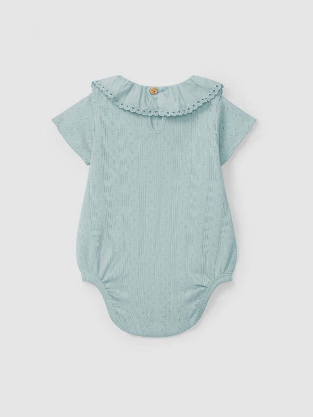 Ajour pattern bodysuit with ruffled collar English embroidery Ajour pattern bodysuit with ruffled collar English embroidery