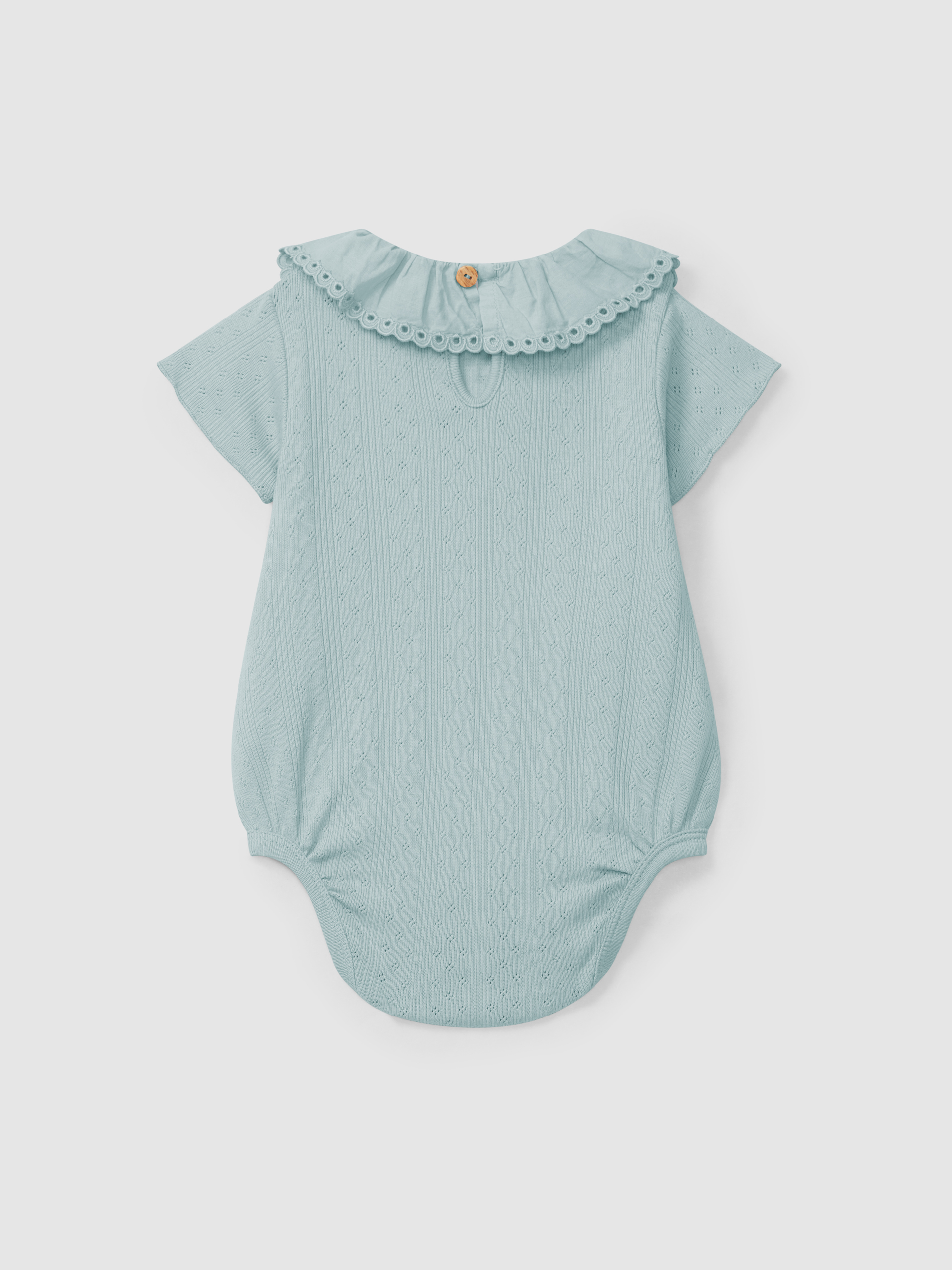 Ajour pattern bodysuit with ruffled collar English embroidery