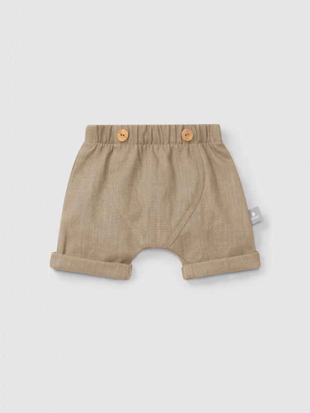 Pantalón Corto pull-up liso de lino con algodón Pantalón Corto pull-up liso de lino con algodón