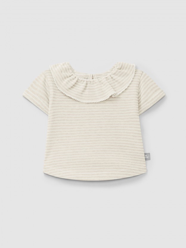 T-shirt de riscas em algod�o com gola de folho
