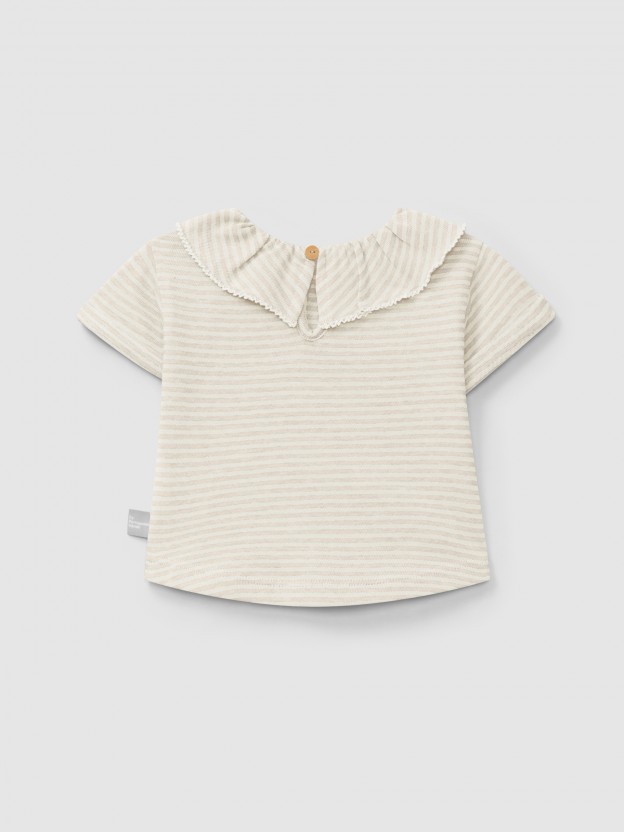 T-shirt de riscas em algod�o com gola de folho