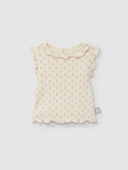 Camiseta flores en punto acanalado Camiseta flores en punto acanalado