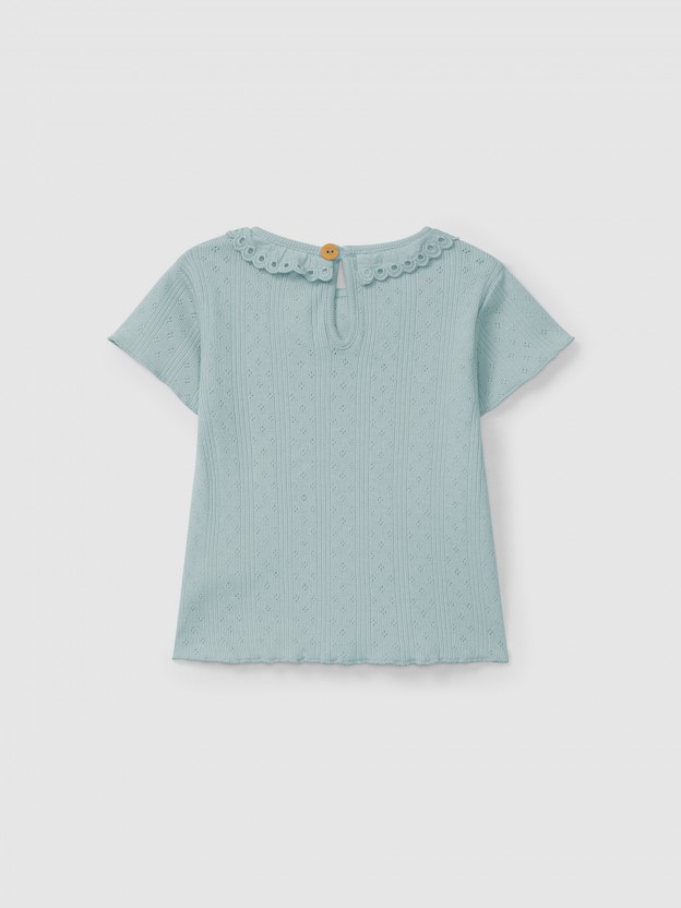 Ajour pattern T-shirt with ruffled collar English embroidery Ajour pattern T-shirt with ruffled collar English embroidery