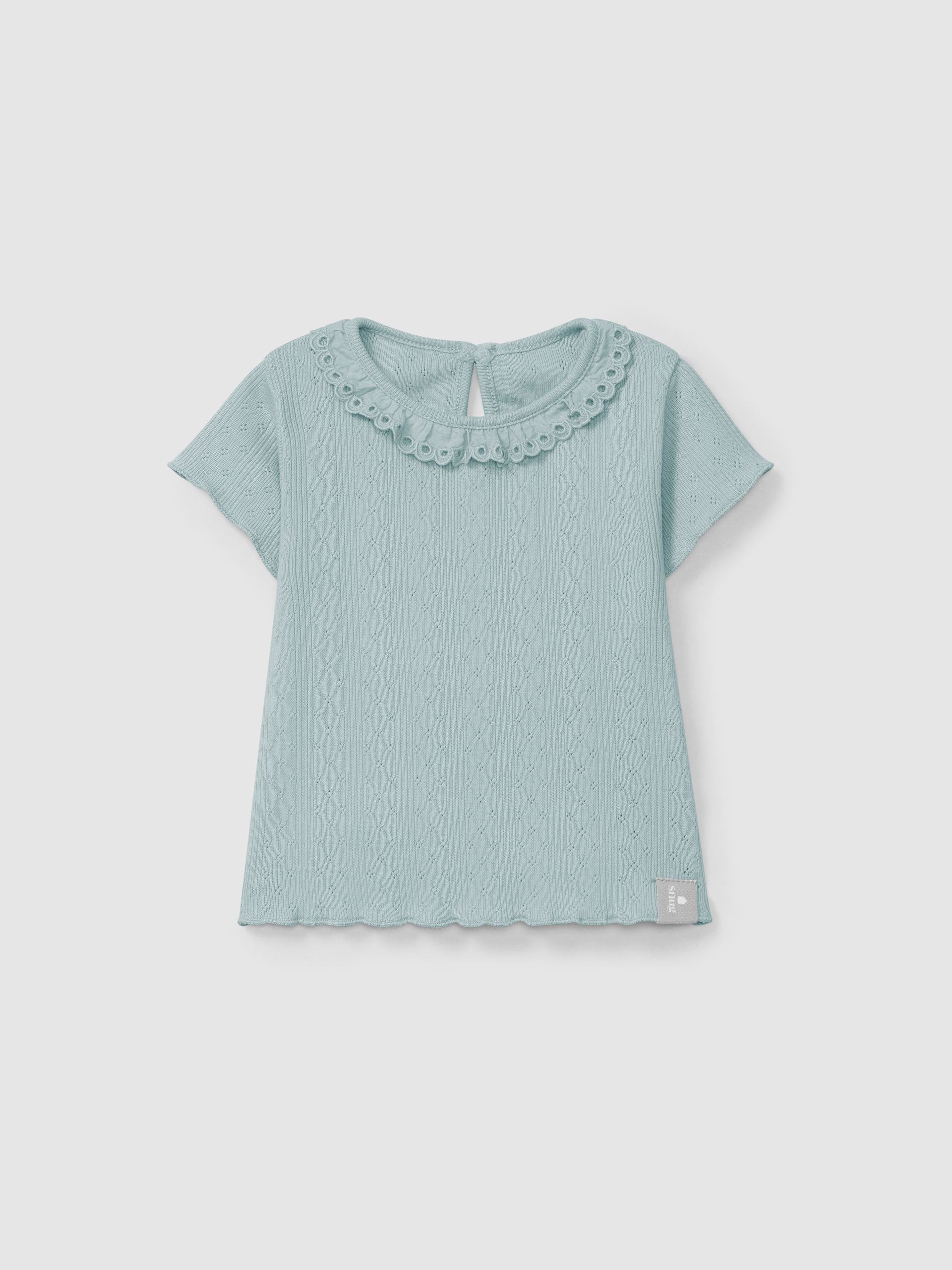 Ajour pattern T-shirt with ruffled collar English embroidery