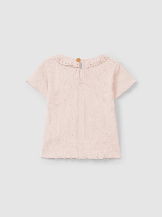 Ajour pattern T-shirt with ruffled collar English embroidery Ajour pattern T-shirt with ruffled collar English embroidery