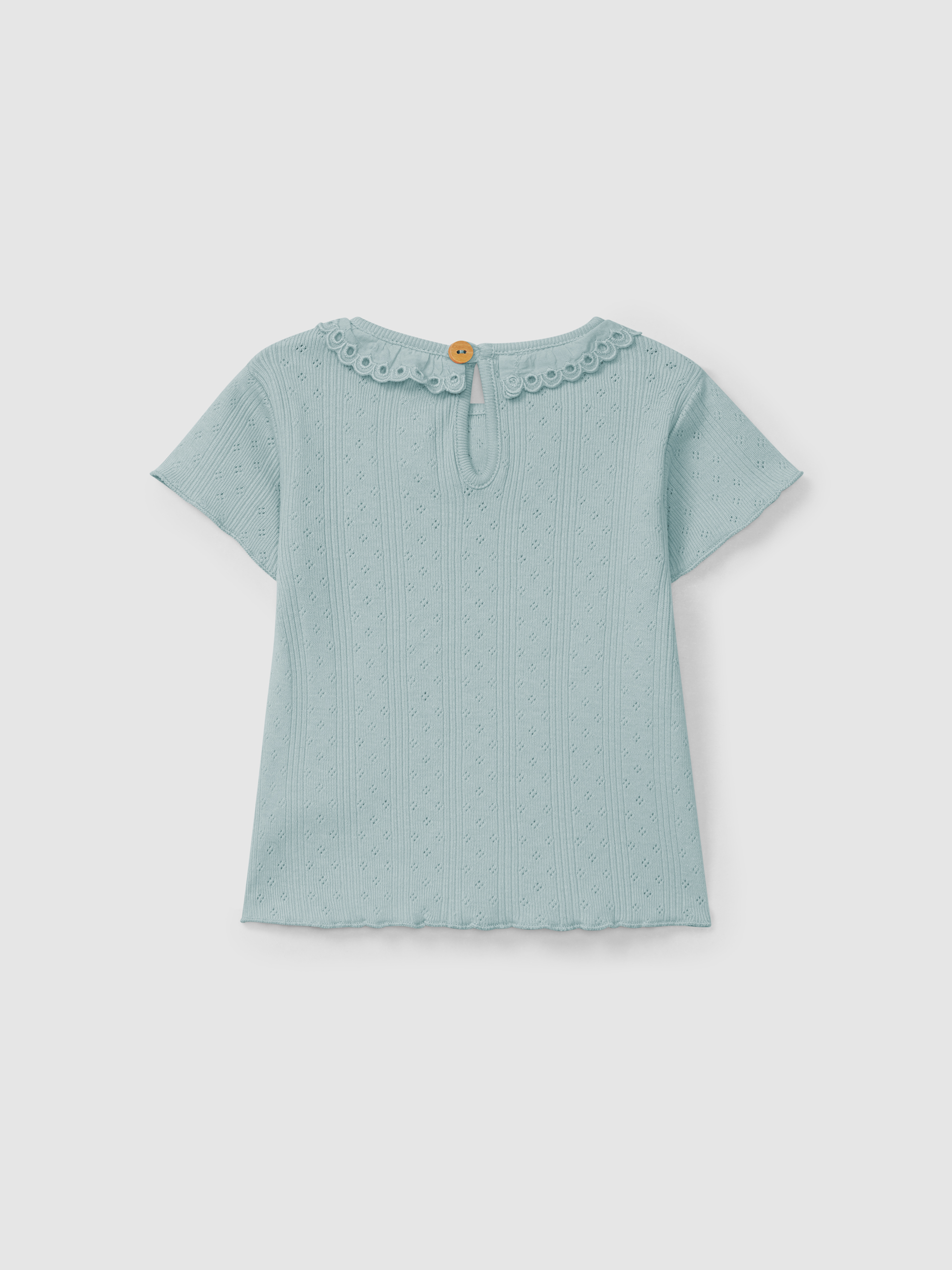 Ajour pattern T-shirt with ruffled collar English embroidery