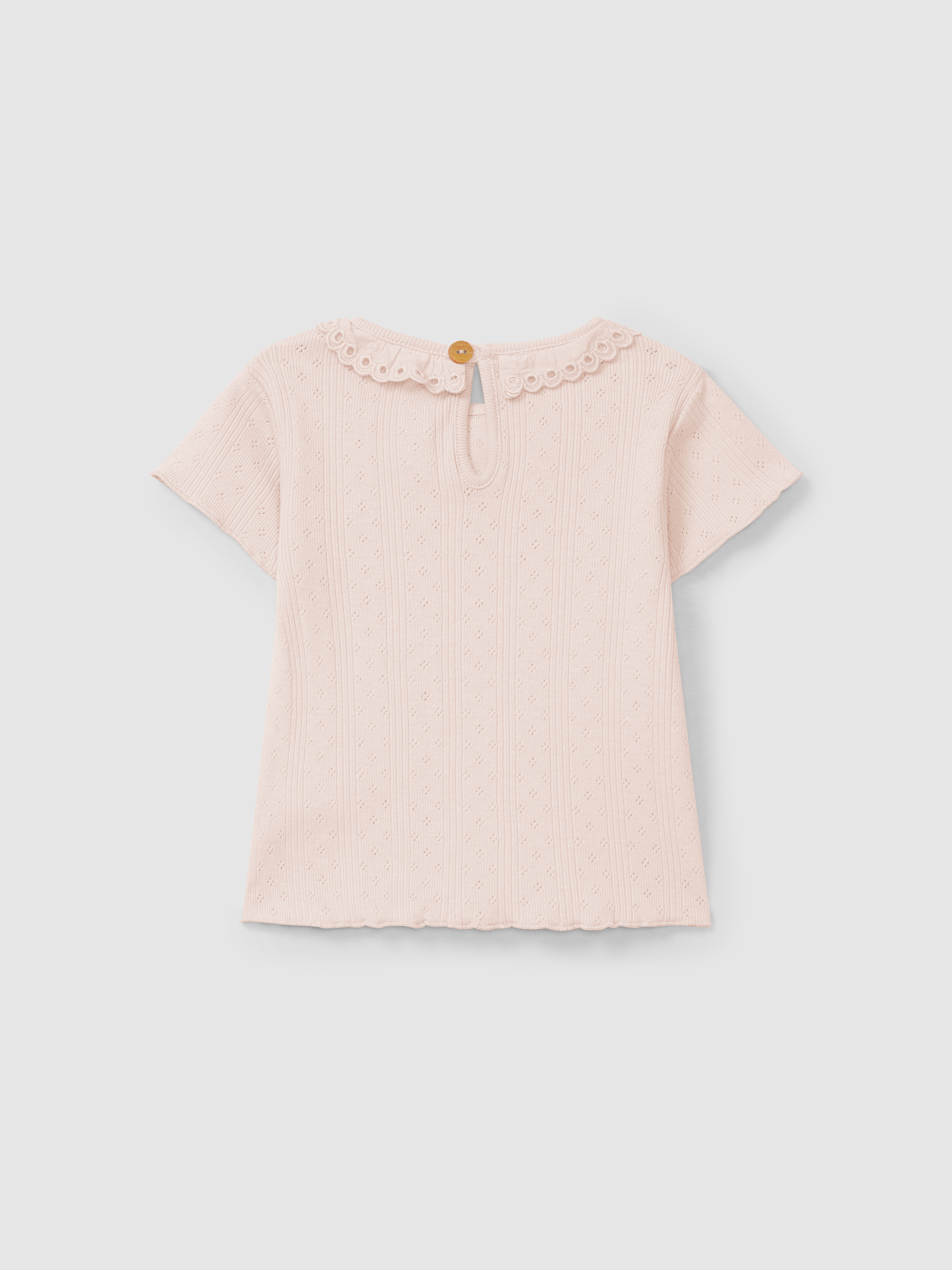 Ajour pattern T-shirt with ruffled collar English embroidery