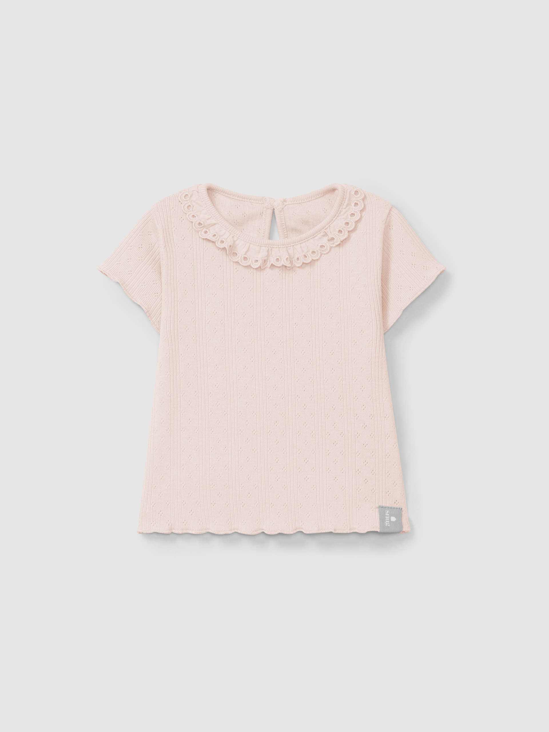 Ajour pattern T-shirt with ruffled collar English embroidery