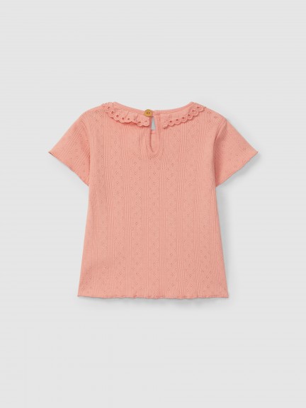 Ajour pattern T-shirt with ruffled collar English embroidery Ajour pattern T-shirt with ruffled collar English embroidery
