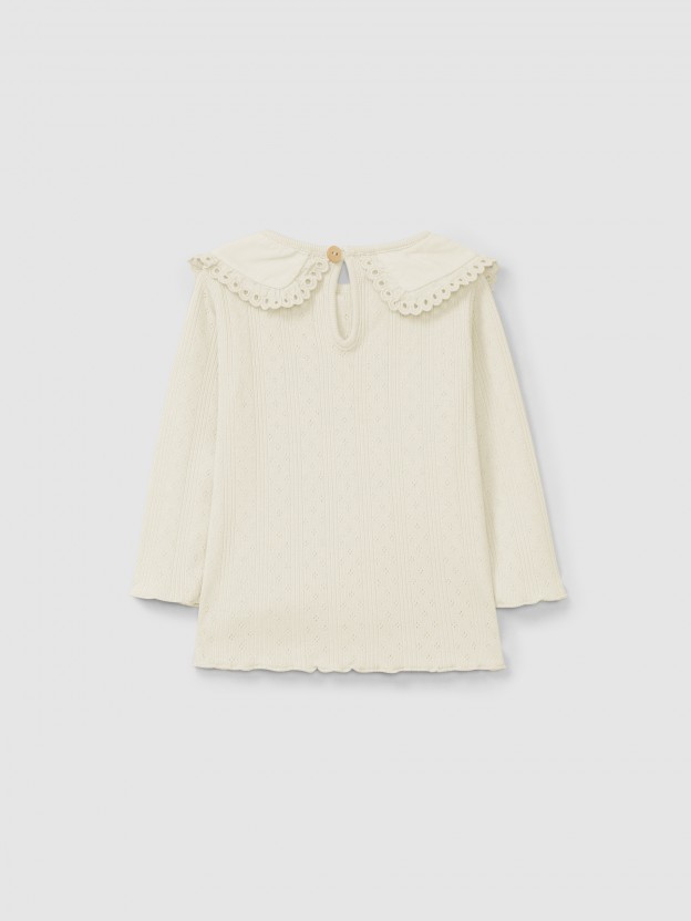 Ajour pattern longsleeve with collar English embroidery detail Ajour pattern longsleeve with collar English embroidery detail