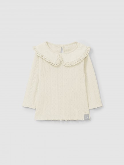 Longsleeve ajour com gola detalhe bordado inglês Longsleeve ajour com gola detalhe bordado inglês