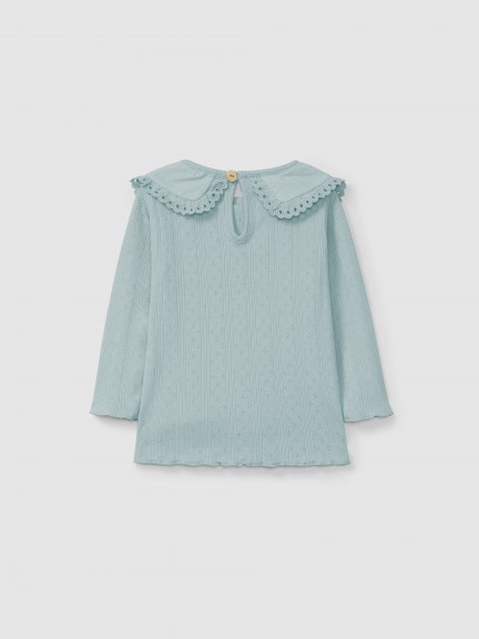 Manga larga ajour con cuello detalle bordado inglés Manga larga ajour con cuello detalle bordado inglés