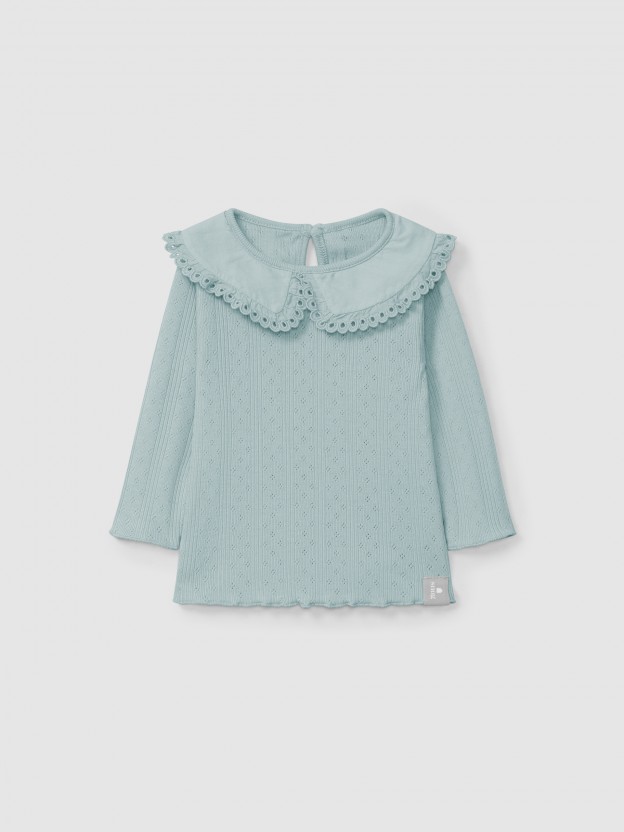 Longsleeve ajour com gola detalhe bordado ingl�s
