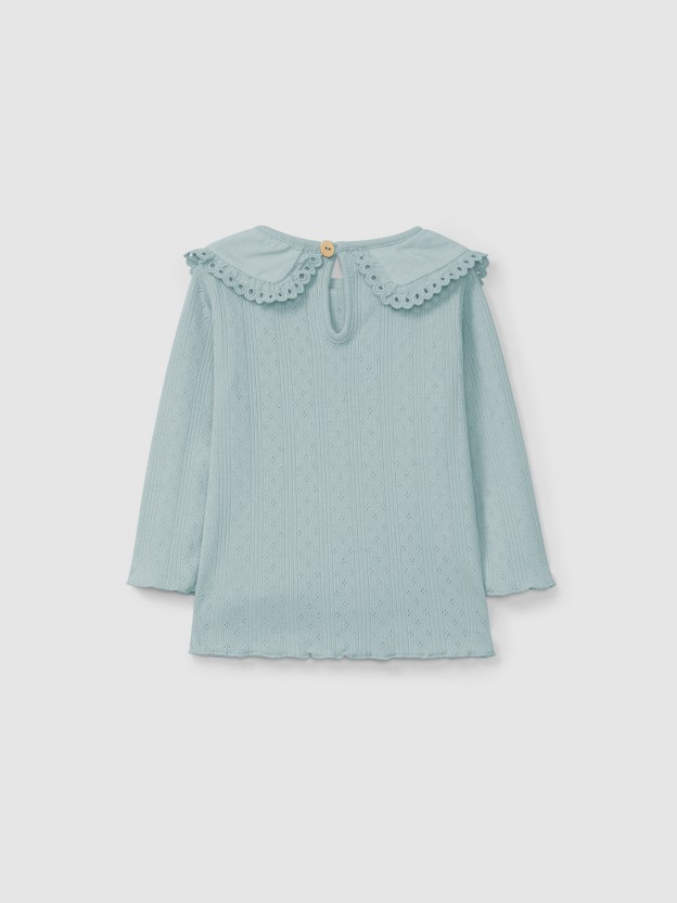 Longsleeve ajour com gola detalhe bordado ingl�s