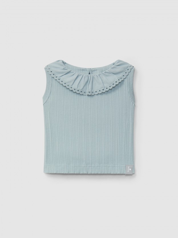 Singlet en maille cannel�e et col broderie anglaise
